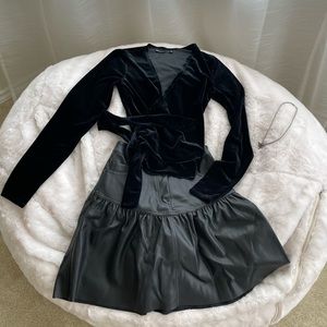 Suede Top Faux Leather Skirt Women Set